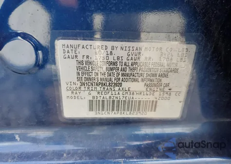 2019 Nissan Versa S from USA, damaged, VIN 3N1CN7AP8KL823920